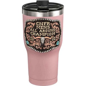 A custom tumbler made of stainless steel with a personalized engraved western decoration, featuring bronze lettering and a longhorn figure, 30 oz, ideal for coffee